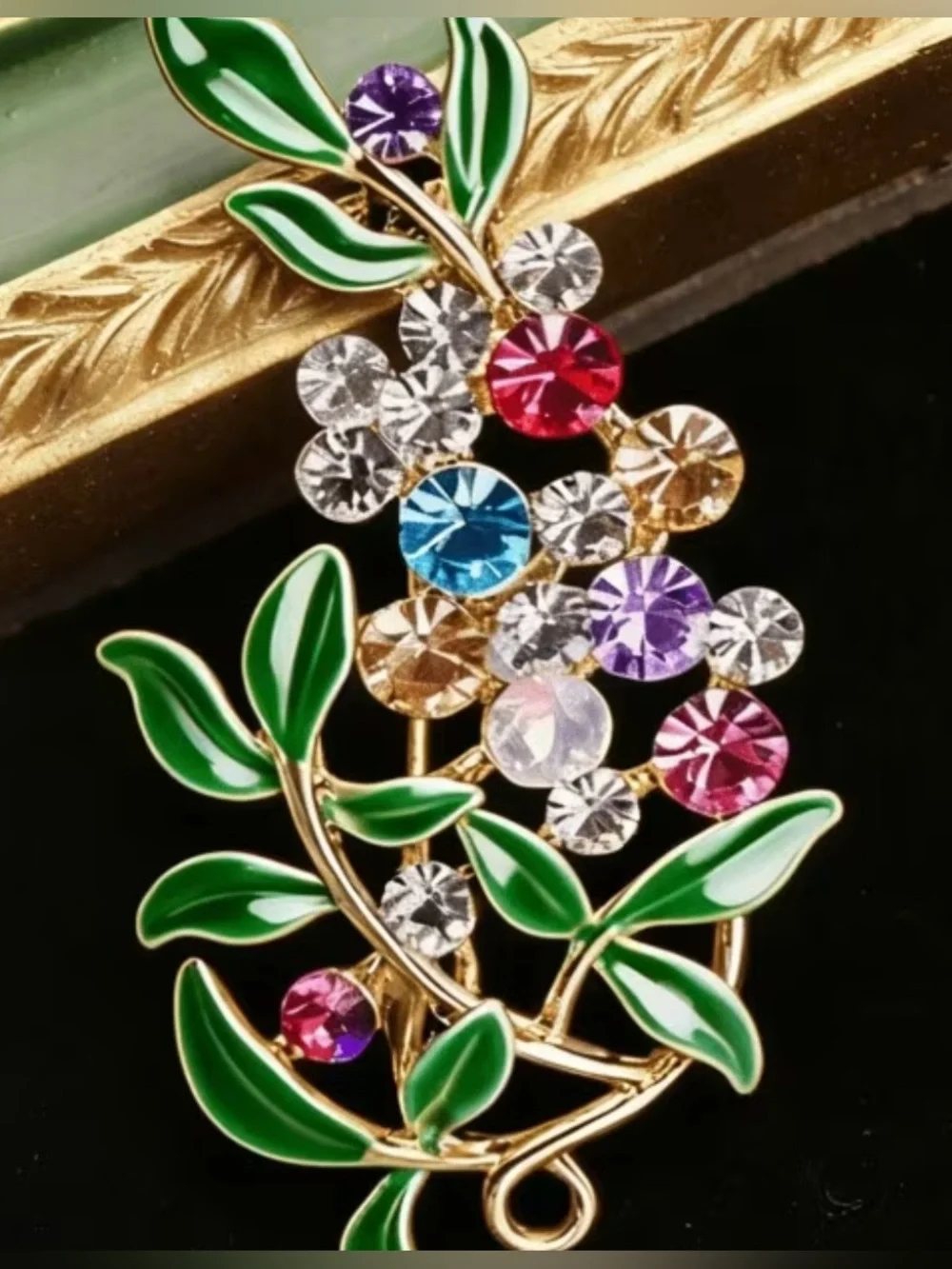 Green Leaf Multicolor Crystal Floral Brooch - Elegant Women's Jewelry
